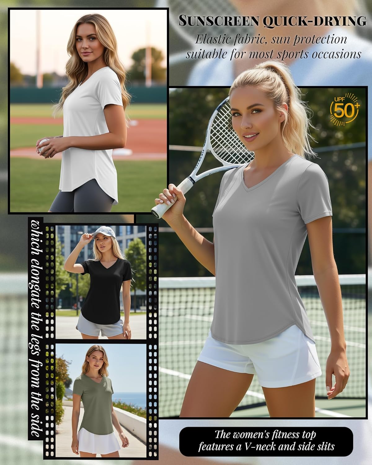 Oakgarden Women's Workout Tops - Quick Dry UPF 50+ V Neck Gym Shirts | Lightweight, Curved Hem, 4 Pack