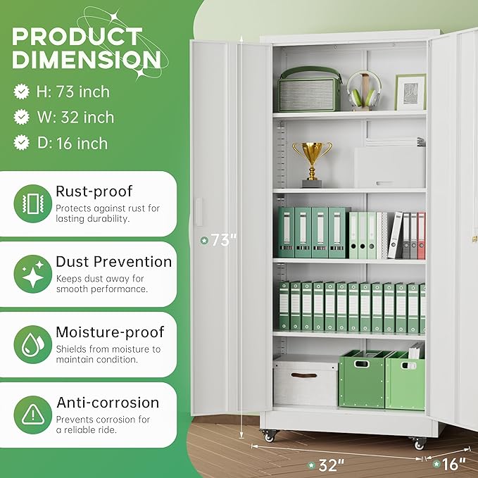 INTERGREAT Metal Storage Cabinet with Wheels, 73" H Rolling Metal Cabinets with Doors and Shelves, White Steel Lockable Cabinet on Wheels for Garage Storage