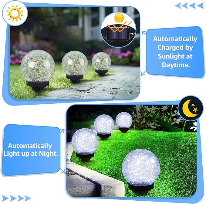 ASOMST 2-Pack Garden Solar Lights Outdoor, Cracked Glass Ball Light Waterproof, Decorative Solar Powered Globe Lighting Cool White for Yard Pathway