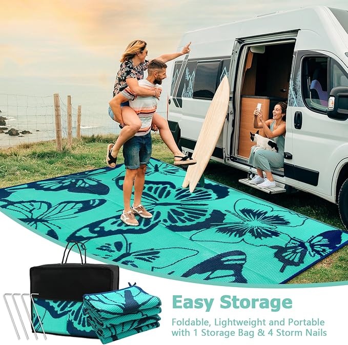 Beeiva Butterfly 6x9 Outdoor Rugs for Patios, Reversible Plastic Patio Rugs Outdoor Waterproof 6 x 9, Outdoor Rug Waterproof for Picnic Backyard Balcony Porch Beach Camping Deck - Teal