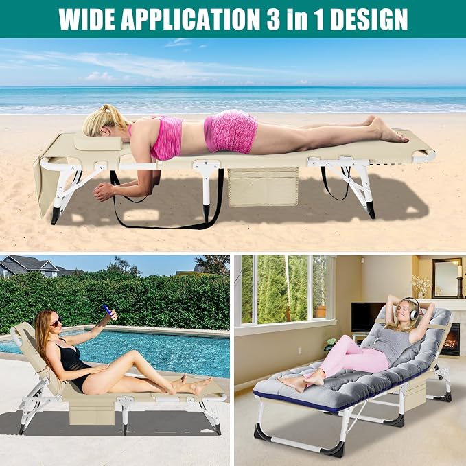 DoCred Heavy Duty XXL Tanning Chair with Face Hole&Mat, Oversized 5-Position Folding Chaise Lounge Chairs for Outside, Portable Beach Lounge Chair for Outdoor Sunbathing Beach Pool Lawn Camping