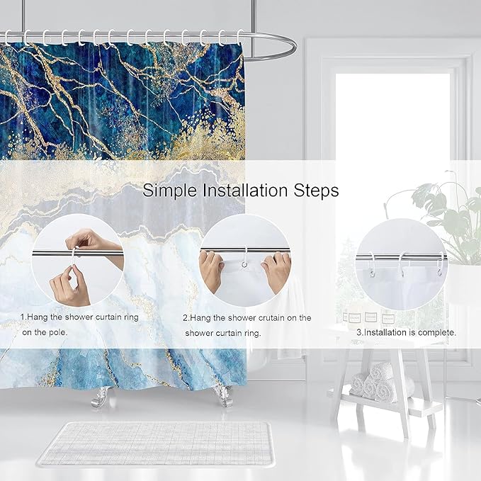 Marble Shower Curtain, Blue Marble Shower Curtain Set, Abstract Luxury Blue Golden Glitter Veins Texture Marble Shower Curtains for Bathroom, Waterproof Fabric, 36 x 72 inches