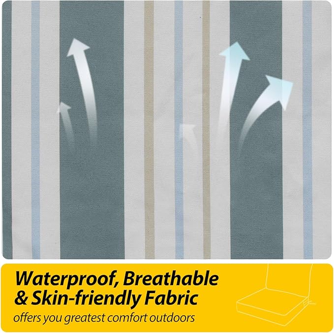 AAAAAcessories Outdoor Seat Cushions for Chairs, Fade-Resistant, Waterproof Patio Furniture Replacement Cushions, 21" x 21" x 3" + 21" x 17", Slate Gray Blue Coastal Stripe