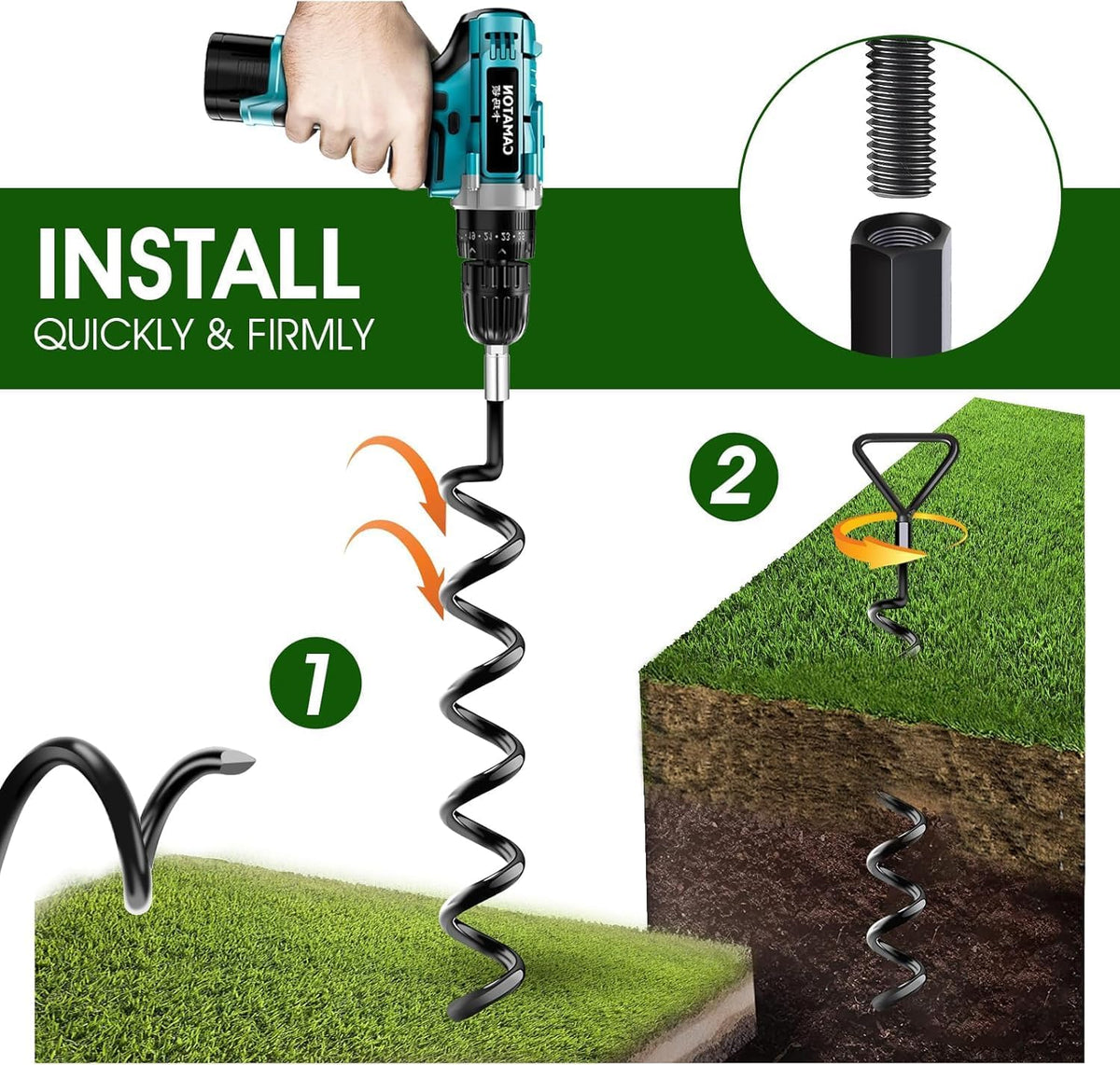Skiennix Trampoline Ground Anchors - Heavy Duty Screw-In Stakes with Strong Straps | Black, 6-Pack