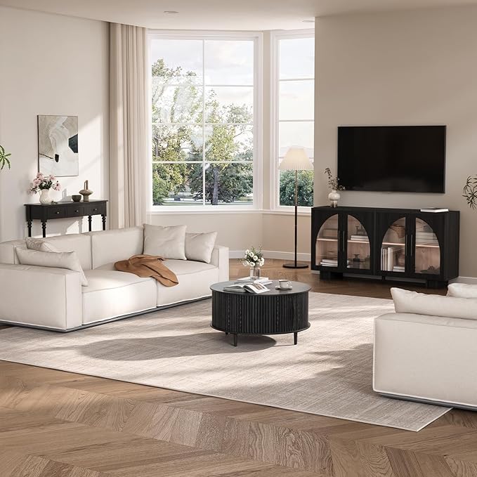 Black Round Coffee Table with Storage, 31.5" Fluted Center Table with Sliding Door, Modern Circle Drum Accent Table for Living Room, Sleek Wood Furniture for Small Spaces & Apartments
