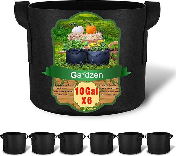 Gardzen 6-Pack 10 Gallon Grow Bags, 300G Thickened Nonwoven Fabric Pots with Handles, Heavy Duty Aeration Plant Bags for Gardening and Container Growing