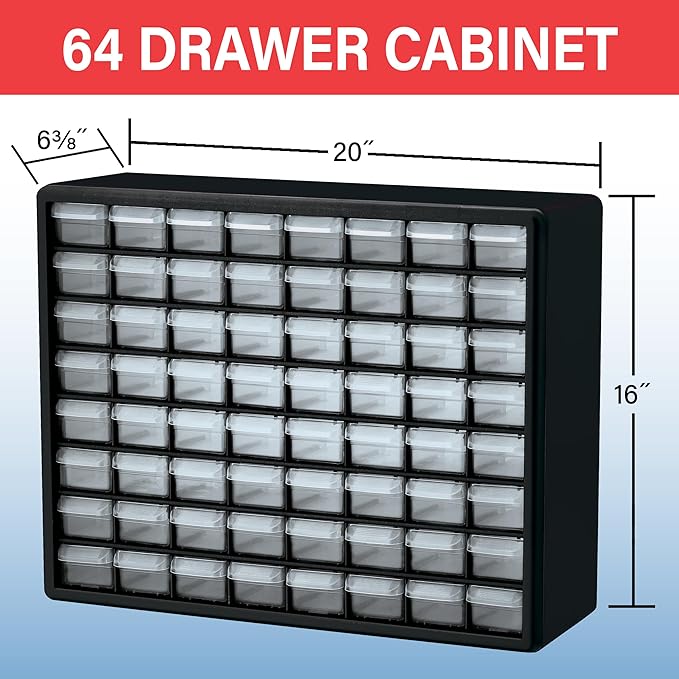 Akro-Mils 64-Drawer Plastic Drawer Storage Cabinet for Garage Organization, Bead Organizer, Building Bricks Storage, Teacher Toolbox, Makeup Organizer, 20" W x 6" D x 16" H, 10164 White