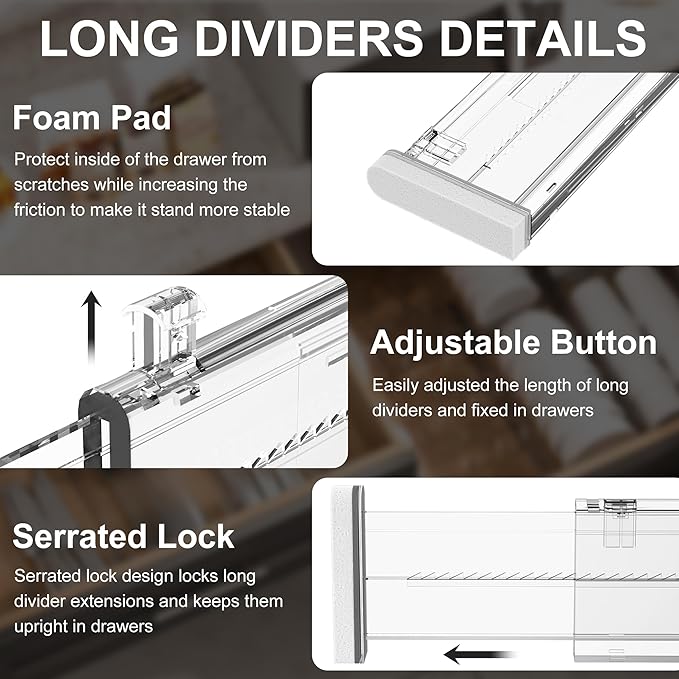 HiYZ Expandable Drawer Dividers - 12.6-22.8'' Adjustable Drawers Organizers for Kitchen Utensils, Drawer Separators in Bedroom, Dresser, Office, Bathroom, Fridge, 8 Pack Long Dividers-Clear