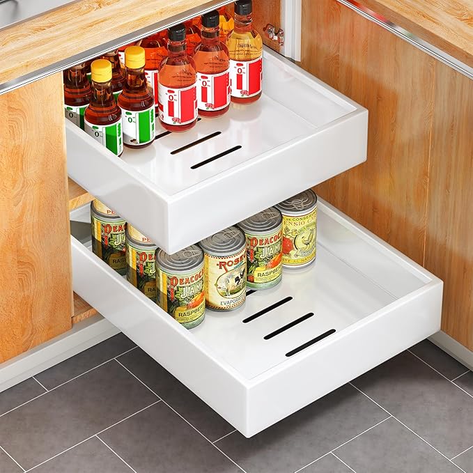 Pull out Cabinet Organizer, 21"Deep, 11.8"Wide Full-Extension Heavy Duty Slide out Drawers with Nano Adhesive, Roll Out Shelves Sliding Cabinet for Kitchen, Bathroom, Pantry,Under Sink Storage(White)