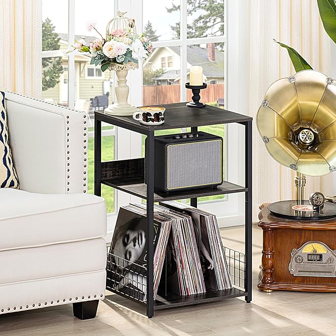 LELELINKY 3 Tier Farmhouse Drak Gray End Table, Large 18" Wide Record Player Tables with Vinyl Storage Shelf, Industrial Turntable Printer Stands, Modern Side Tables for Living Room, Bedroom, Office