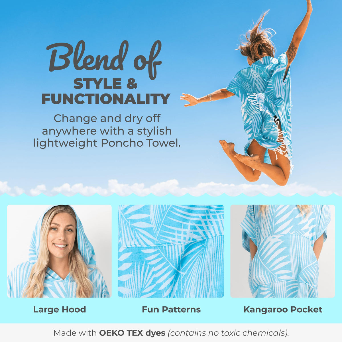 Nova Blue Surf Poncho – Tropical Blue Palm Leaves Towel Poncho – Large Changing Towel (33 x 37) – 100% Turkish Cotton Hooded Towel Adult for Surf Beach Pool and Swim