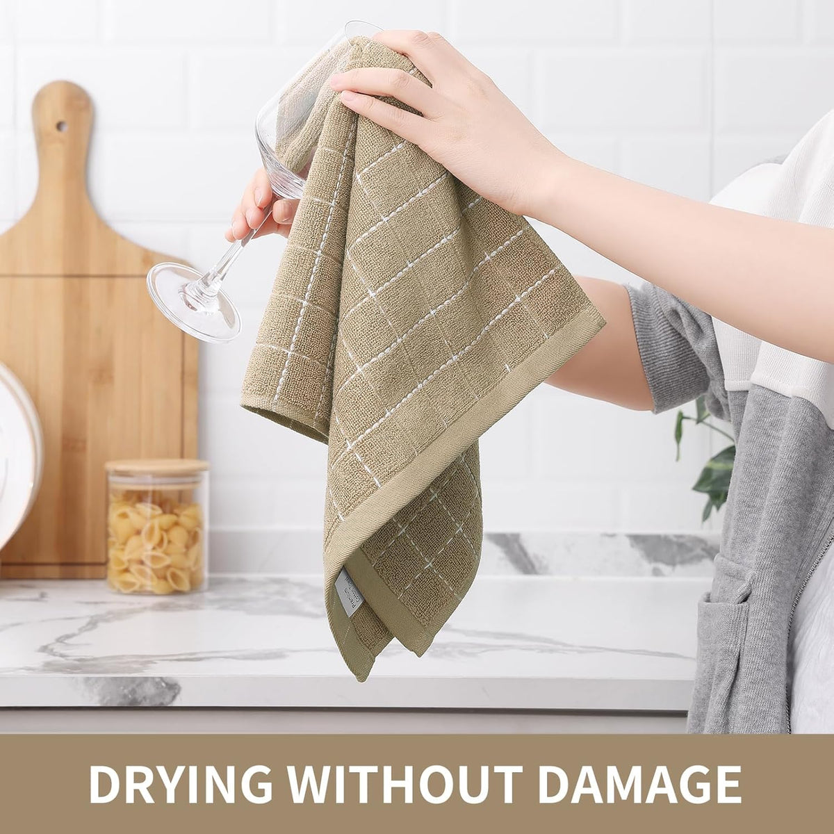 Homaxy 100% Cotton Terry Kitchen Towels(Tan, 13 x 28 inches), Checkered Designed, Soft and Super Absorbent Dish Towels, 8 Pack