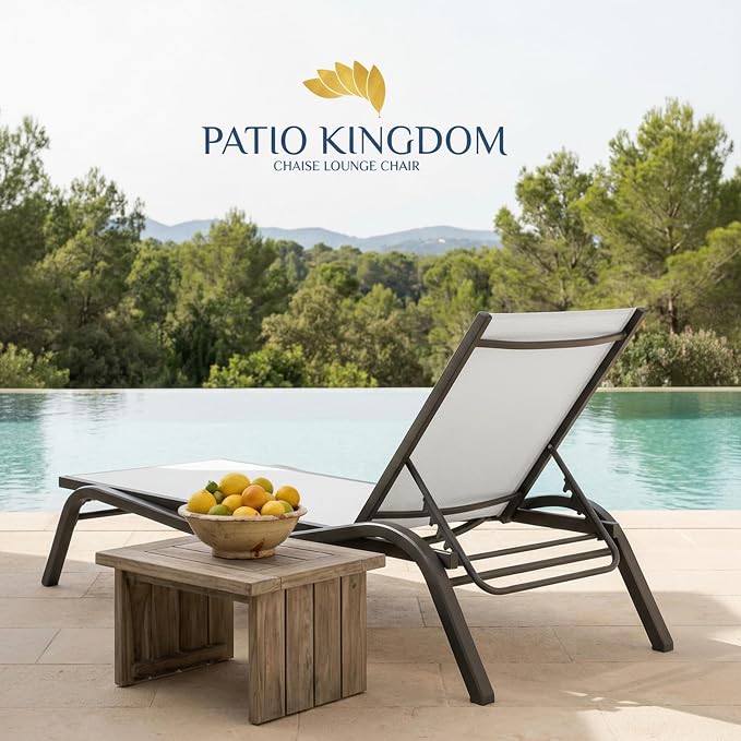 3-Piece Patio Chaise Lounge Set with Side Table, Set of 2 Adjustable Pool Chairs and Aluminum Bistro Table, All-Weather Outdoor Furniture for Pool Deck, Patio & Tanning, White