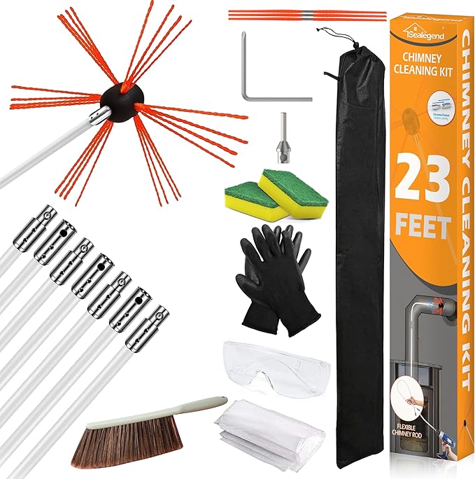 Sealegend 23 Feet Chimney Sweep Kit Chimney Brush, Chimney Cleaning Kit and Rotary Chimney Cleaning System, Fireplace Brush Tool with 7 Nylon Flexible Rods