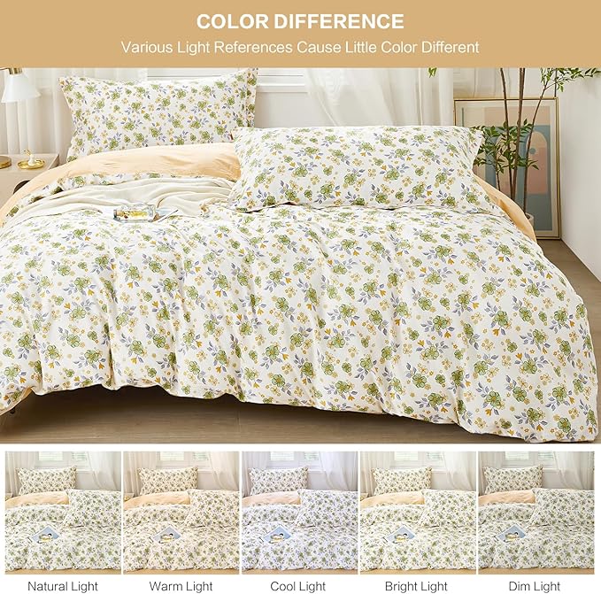 SAPHREAS Green Floral Duvet Cover Set Twin 2pcs Yellow Flowers Botanical Bedding Comforter Cover Set 100% Cotton 1 Duvet Cover 68"x90" 1 Pillow Sham, Comforter Not Included