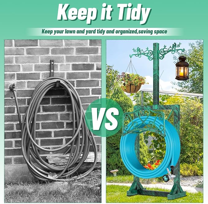 Garden Hose Holder for Outside, Upgraded Water Hose Holders with 2 Shepherds Hooks,Freestanding Heavy Duty Hose Stand Hose Hanger Hose Storage Hose Reel Rack for Yard Lawn Farm(Antique Green)