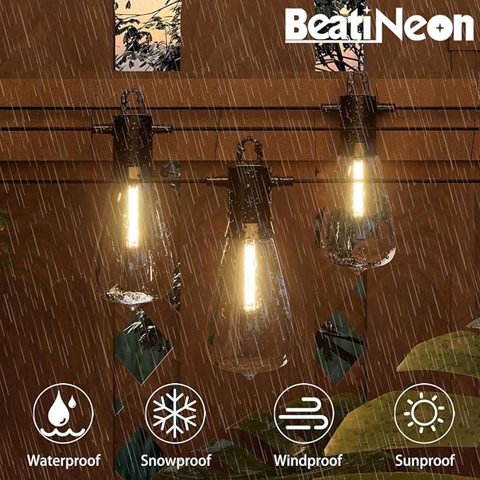 Outdoor String Lights 50 ft, LED Patio Lights with 27（25+2 Spare ST38 Shatterproof Bulbs, IP 65 Waterproof, Outside Hanging Light for Cafe Bistro Backyard