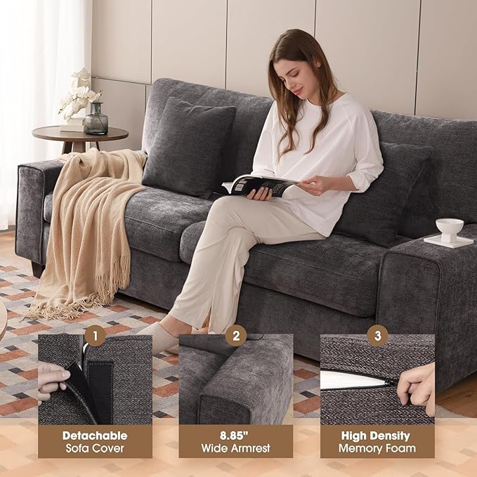 DOPEDIO Modern Loveseat Sofa for Living Room,Chenille Recliner, Removable Cover, Spring Cushions, Solid Wood Frame, Easy Assembly for Small Spaces (88.58inch，Dark Grey)