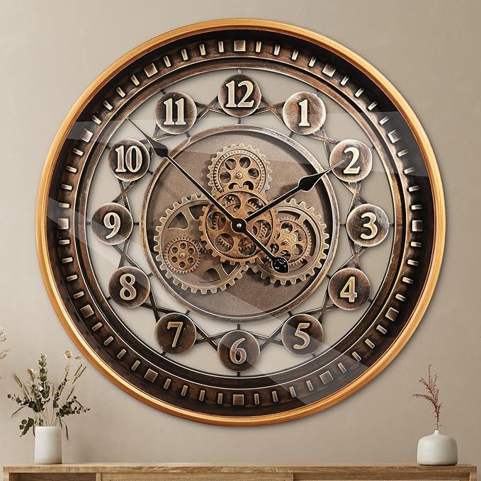 24 Inch Wall Clock with Moving Gears Large Industrial Steampunk Metal Clock