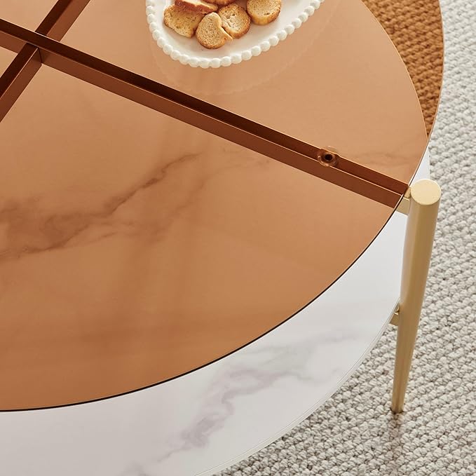 Shrine Modern Coffee Table with Glass Top, Round Table for Living Room, Two-Tier 30-Inch White Wooden Storage Coffee Table, Gold Table Legs Structure & Brown Glass Top