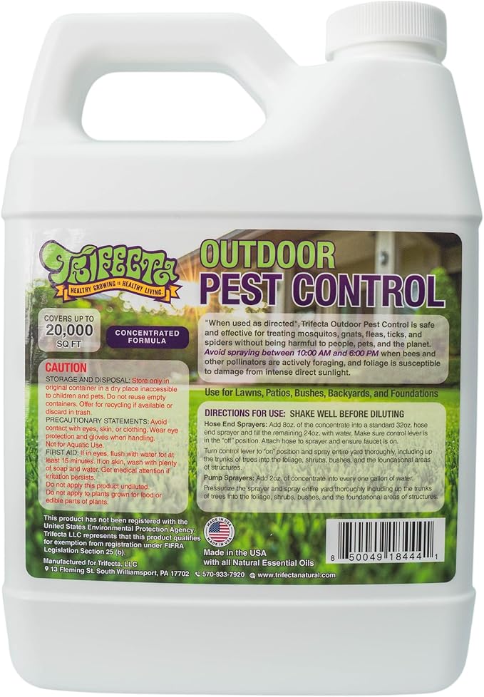 Trifecta Natural Outdoor Pest Control Yard Spray with Essential Oils | Mosquito, Ant, Flea, Tick, Gnat Killer on Contact & Repellent Treatment for Insects Bugs | Safe Around Kids & Pets | 32oz Conc