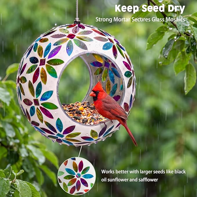 VCUTEKA Bird Feeder for Outside Hanging with Round Shape Glass Container to Attract More Wild Birds, Mosaic Fly Through for Garden, Yard, Backyard, Deck and Porch Decor, 7-Inch