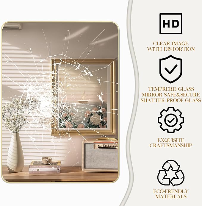 20×28 Glod Bathroom Mirror, Rectangular Bathroom Vanity Mirror for Wall with Rounded Corners & Aluminum Alloy Frame, Tempered-Glass, Modern, Farmhouse, Horizontal/Vertical, Entryway, Bedroom
