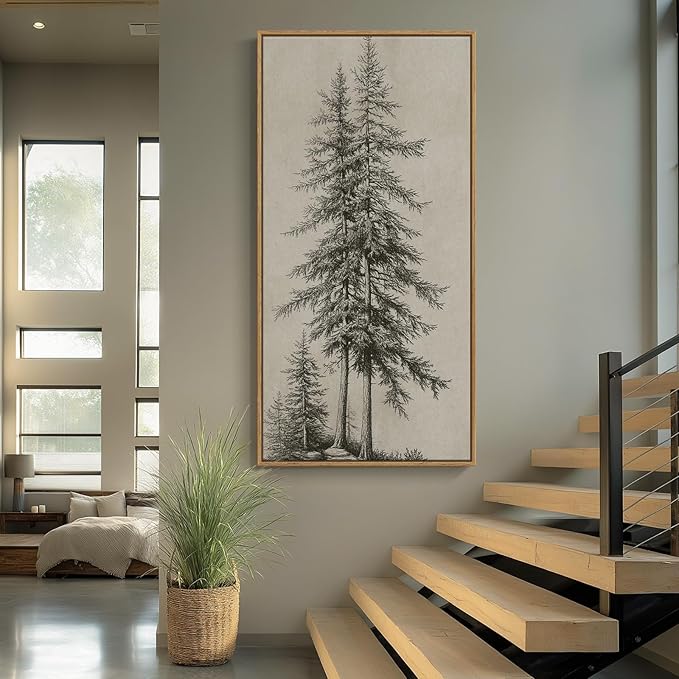 Large Framed Vertical Vintage Pine Tree Wall Art for Living Room, Neutral Sketch Rustic Classic Beige Canvas Artwork for Walls, Nordic Forest Farmhouse Wall Decor for Bedroom Hallway Office, 30x60 In