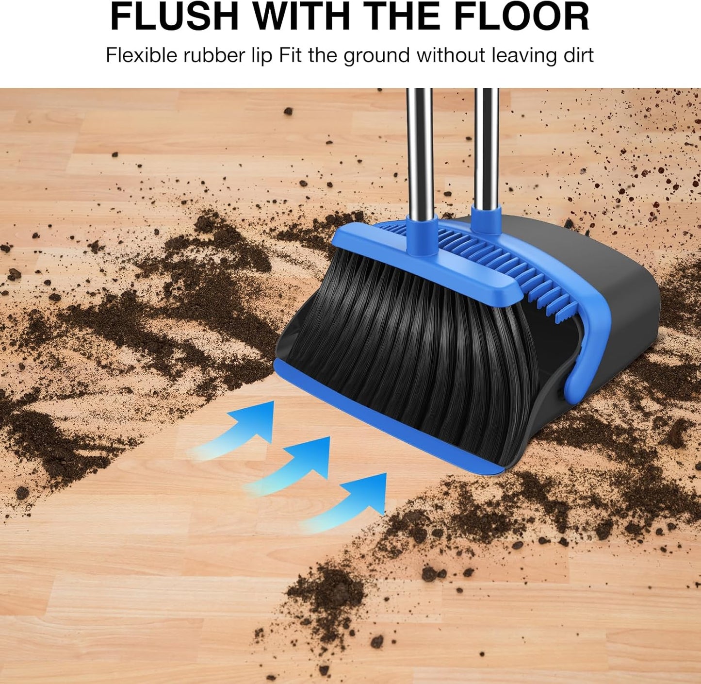 Broom and Dustpan Set, 52-in Long Adjustable Handle Broom Dustpan Combo with Dust pan Teeth to Automatically Clean Hair Suitable for Home Kitchen Office Hall Floor (Black&Blue), 4 Pack