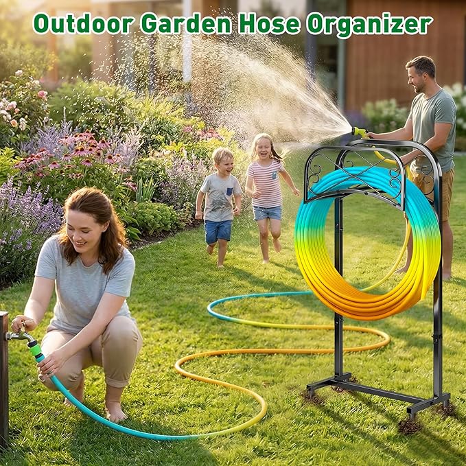 Gtongoko Garden Hose Holder for Outside 43" Heavy Duty Freestanding Water Hose Holder with 4 Stable Spikes Metal Hose Stand Holds Up to 150FT Hose & 44LB Detachable Hose Storage for Yard Lawn Patio