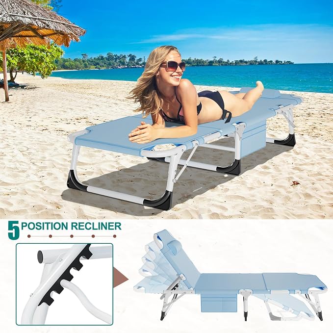 DoCred Heavy Duty Tanning Chair with Face Hole, Adjustable 5-Position Folding Chaise Lounge Chairs for Outside, Portable Lay Flat Beach Lounge Chair for Outdoor Sunbathing Beach Pool Lawn Camping