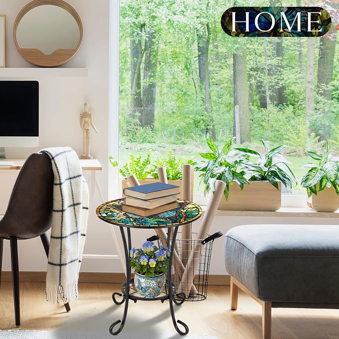 Cinnvoice Outdoor Side Table 2-Tier Round Small Mosaic Patio Accent Indoor End Plant Coffee Tea Table for Yard Patio Porch Garden Living Room, Bedroom(Butterfly Style,14 Inch)