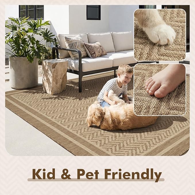 MontVoo-Outdoor Rug-Patio Rug 8x10 Polypropylene Indoor Outdoor Rug Outdoor Carpet for Patio Deck Balcony Porch, Textured Weave, Durable for High Traffic, Fade-Resistant, Boho Farmhouse Neutral Brown