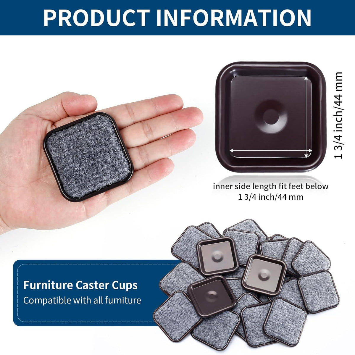 Ezprotekt 1 3/4" Square Reusable Felt Furniture Caster Cups with Carpet Bottom, 16 Pcs Felt Furniture Sliders Floor Protectors Pads to Protect Hardwood, Tile Floors Carpet from Scratches (Brown/Gray)