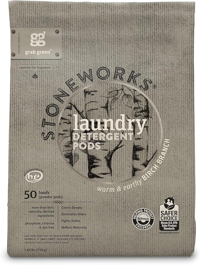 Grab Green Stoneworks Laundry Detergent Pods, 100 Count, Birch Branch Scent, Plant and Mineral Based, Cleans Deeply, Eliminates Odors, Fights Stains