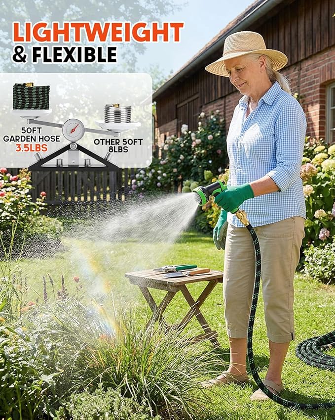50ft Flexible Garden Hose, Lightweight Water Hose, NON-EXPANDABLE Garden Hose with 10 Function Sprayer Nozzle, Kink-Free Triple-Layer Composite Watering Hose for Yard, Lawn, Outdoor and Car Washing