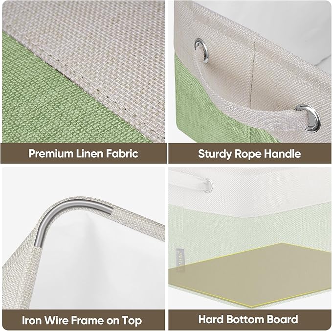 BALEINE 4 Pack Fabric Storage Bins for Shelves, Linen Storage Baskets for Organizing, Decorative Closet Bins for Clothes, Home (Green, 15''x11''x9.5'')