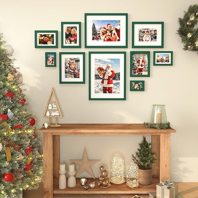 KINLINK 4x6 Picture Frames Green Wood Frames with Acrylic Plexiglass for 3.5x5 with Mat or 4x6 without Mat, Tabletop and Wall Mounting Display, Set of 4