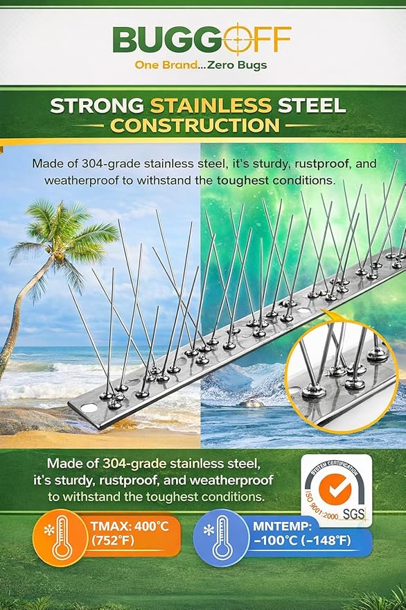 BUGGOFF Bird and Rodent Spikes, 4.5" Tall 10" Long Stainless Steel Anti-Bird Deterrent Strips, Silver, Professional Pest Control for Roofs, Fences, Ledges (20 Pieces / 16.6 Feet)