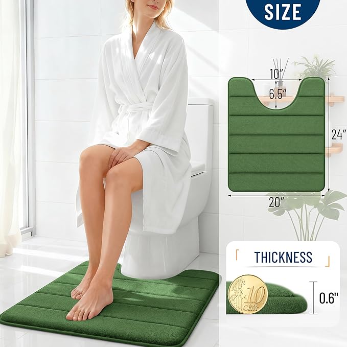 OLANLY Memory Foam Toilet Rugs U Shaped 24x20, Super Soft Absorbent Contour Bath Rugs, Quick Dry Machine Washable Toilet Mat, Bathmat Floor Carpet, Bathroom Home Decor Accessories, Olive Green