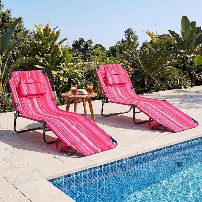 GYMAX Tanning Chair, 330lbs Beach Lounge Chair with Face Hole, Washable Pillow & Carry Strap, Adjustable Folding Chaise Lounge, Layout Lounger for Outside, Patio, Poolside, Lawn (1, Pink Stripe)