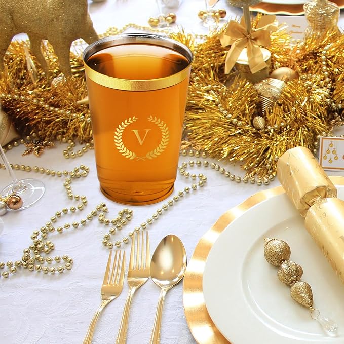 100 Pieces Monogrammed Plastic Cups Gold Foil Letter V Disposable Cups 12 oz Clear Initial Party Cups for Wedding Birthday Baby Shower Personalized Party Drinkware