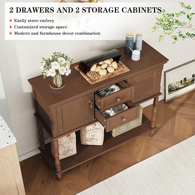 ARTPOWER Console Table for Entryway, Retro Wooden Entryway Table with Storage, with 2 Door & Drawers and Open Shelf, Behind Couch Sofa Table for Living Room, Foyer, Hallway, Brown