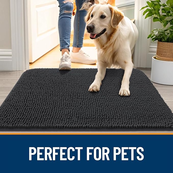 OLANLY Dog Door Mat for Muddy Paws 59x32, Absorbs Moisture and Dirt, Absorbent Non-Slip Washable Doormat, Quick Dry Chenille Mud Mat for Dogs, Entry Indoor Entryway Carpet for Inside Floor, Dark Grey