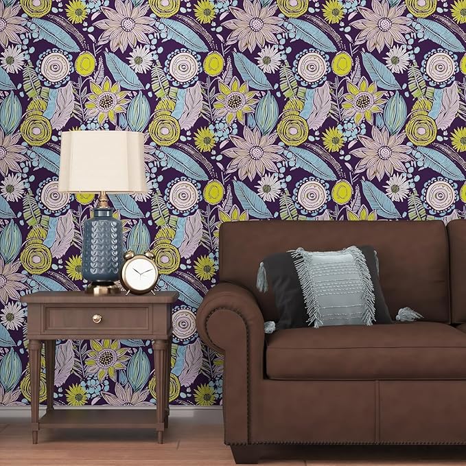Purple Boho Wallpaper Peel and Stick, Vintage Yellow Floral Contact Paper