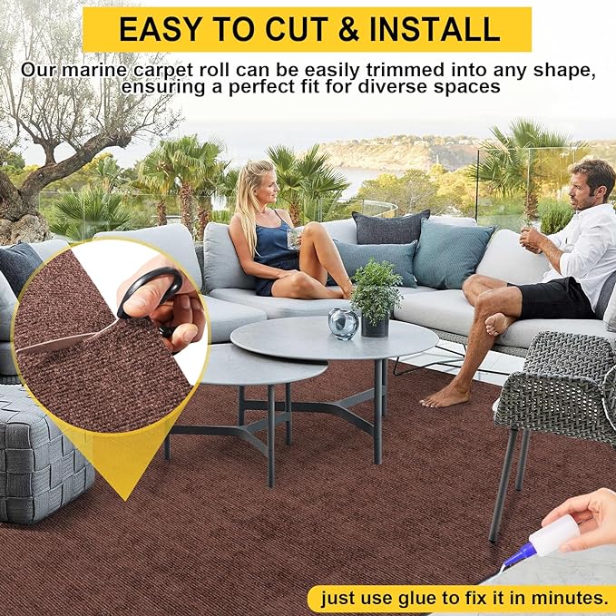 Marine Carpet,6 FT x 23 FT Brown Indoor Outdoor Carpet 0.2" Thick Boat Carpet with Water-Proof TPE Backing, Non-Slide Outdoor Marine Carpet Roll for Home, Patio, Porch, Deck