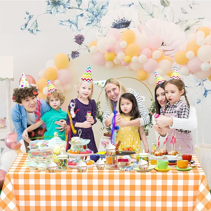 WNINK 6 Pack Orange and White Checkered Rectangular Plastic Tablecloths, Orange Gingham Waterproof Disposable Table Covers 54" x 108" for Birthday, Wedding, Outdoor Picnic Camping Parties
