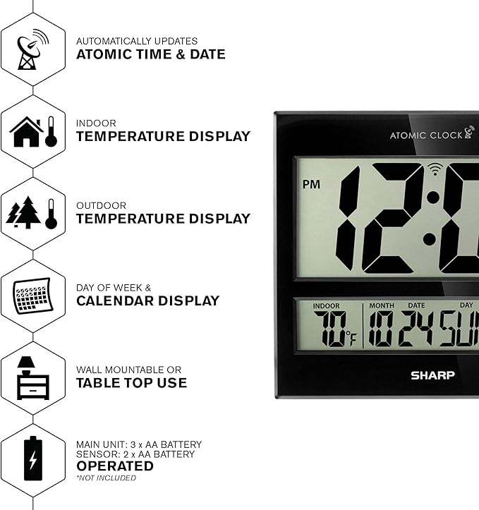 Sharp Atomic Clock – Never Needs Setting, Jumbo 3” Easy-Read Display, Indoor &