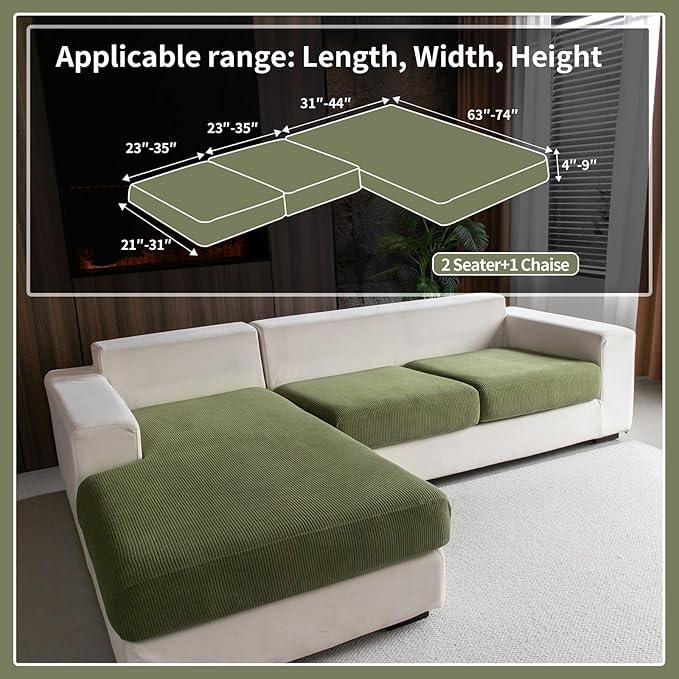 OHSIO Sectional Couch Covers, Wear Resistant Stretch Sofa Covers Washable Soft Couch Cushion Covers Anti Slip Furniture Protector Sofa Slipcovers for Pets(3 Pieces 2 Seaters+1 Chaise, Green)