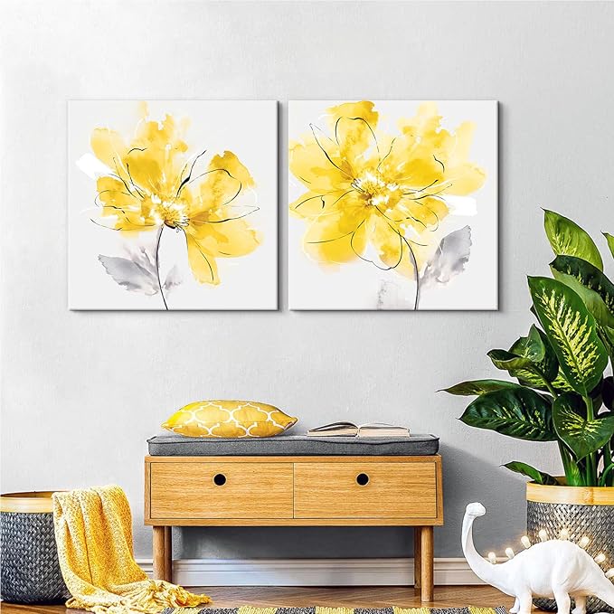 SEVEN WALL ARTS Yellow Flowers Wall Art 2 pcs Floral Pictures for Bathroom Abstract Canvas Flowers Wall Decor Botanical Poster Print for Living Room Bedroom Home Decor 24"x24"